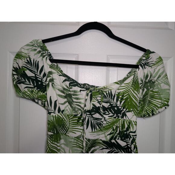 Tropical Palm Print Mini Dress Size S | Off Shoulder Smocked Puff Sleeve Japna - Picture 3 of 10